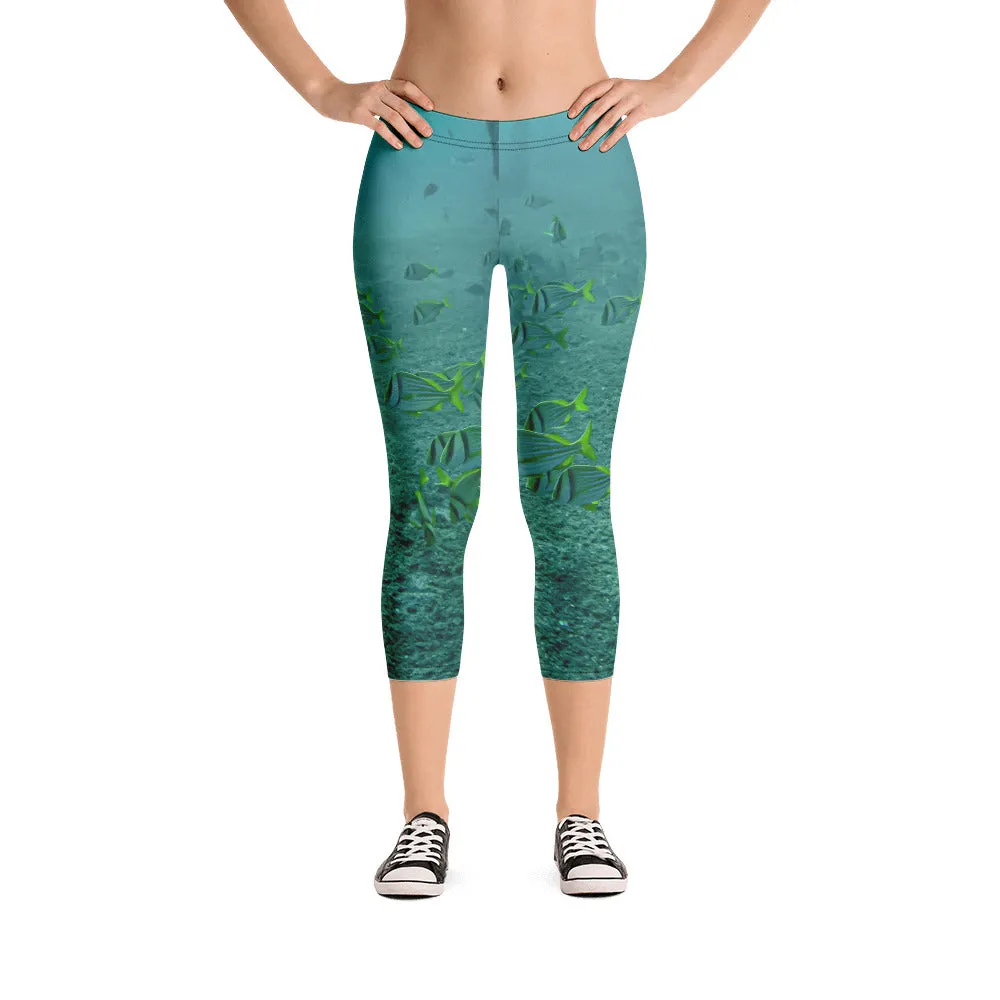 Women's Fitness/Fashion Capri Leggings - All-Over Print - Reef Fish Collection