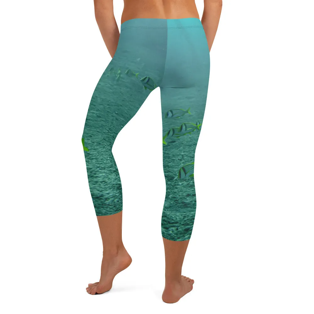 Women's Fitness/Fashion Capri Leggings - All-Over Print - Reef Fish Collection