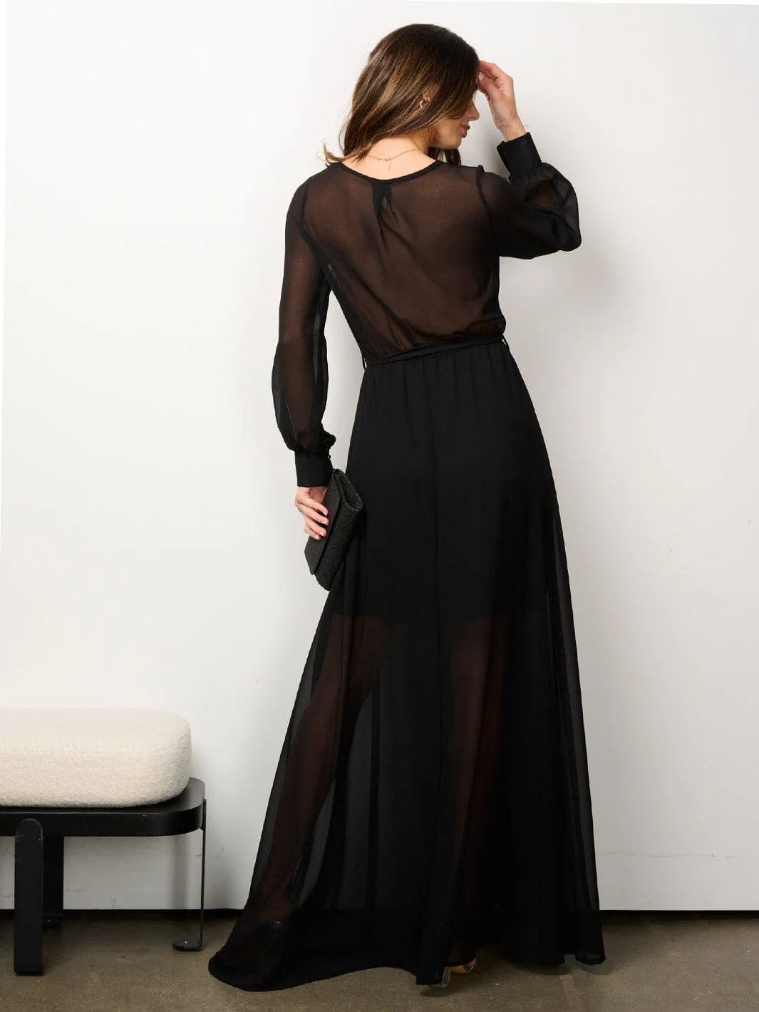 WOMEN'S LONG SLEEVE ELASTIC WAIST SURPLICE MESH MAXI DRESS