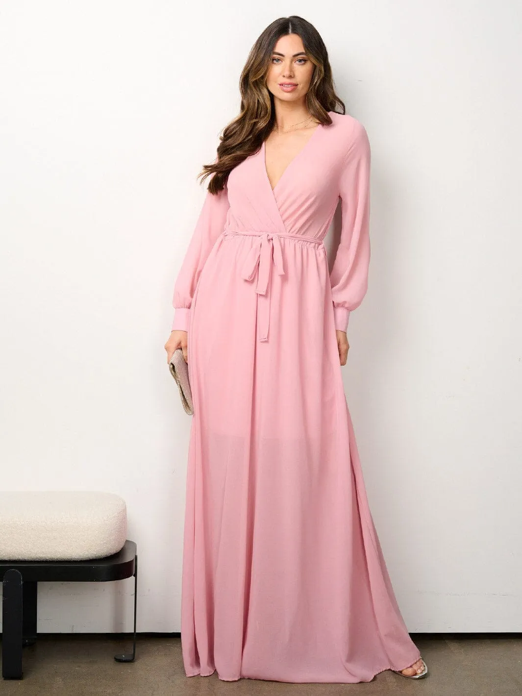 WOMEN'S LONG SLEEVE ELASTIC WAIST SURPLICE MESH MAXI DRESS