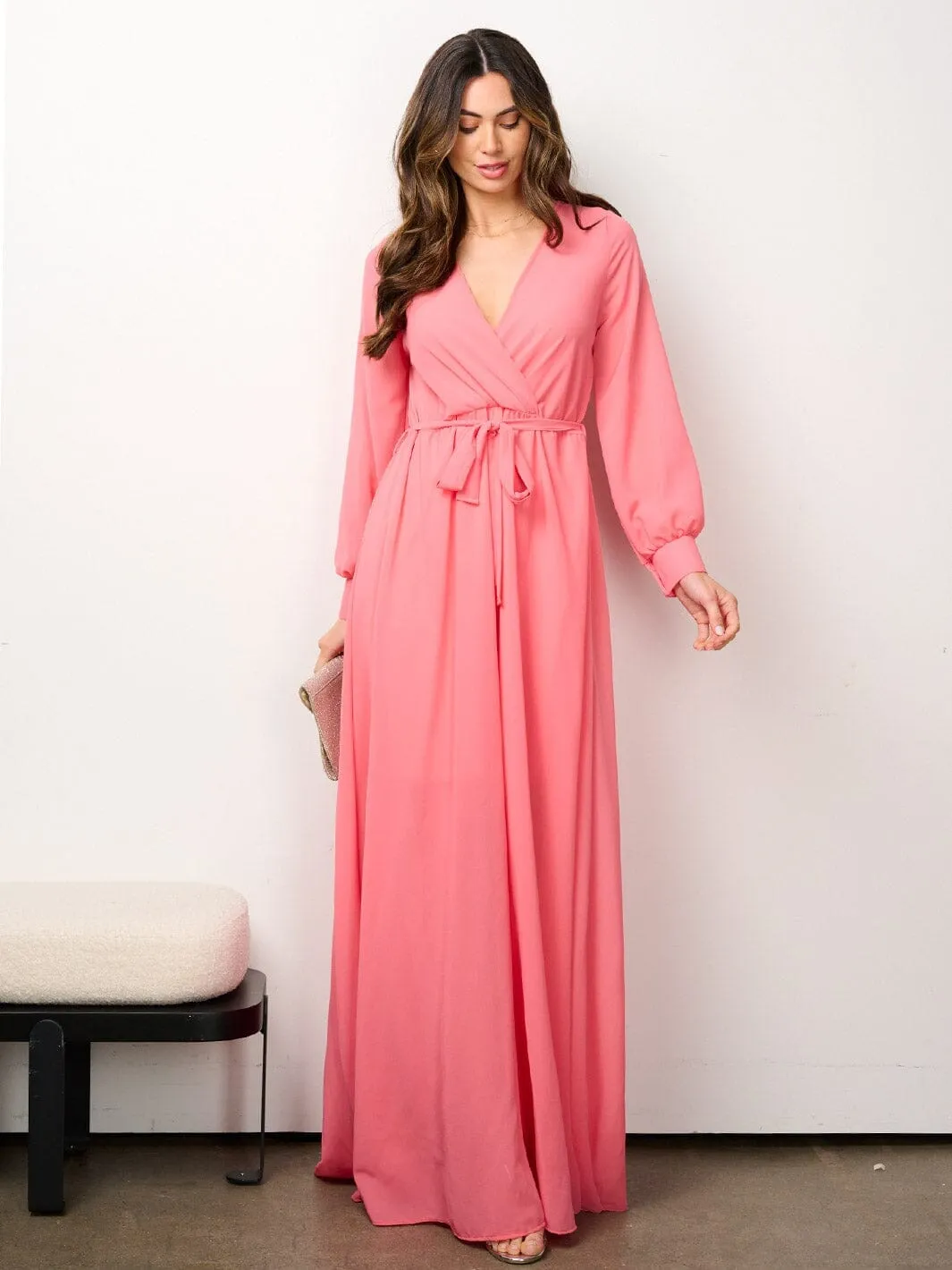 WOMEN'S LONG SLEEVE ELASTIC WAIST SURPLICE MESH MAXI DRESS