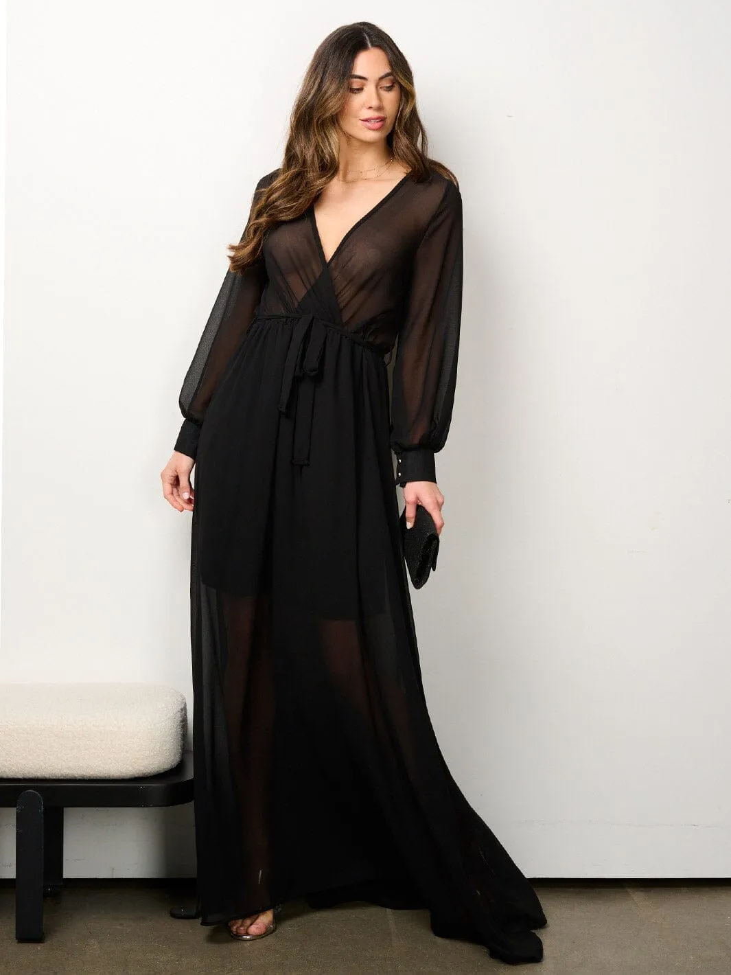 WOMEN'S LONG SLEEVE ELASTIC WAIST SURPLICE MESH MAXI DRESS