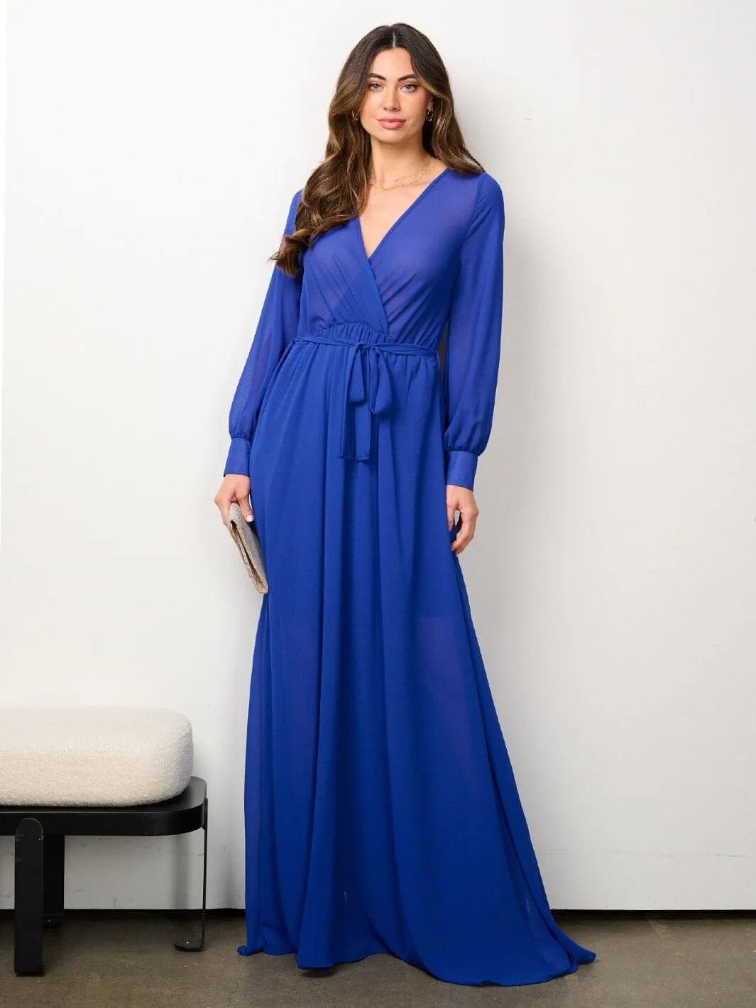 WOMEN'S LONG SLEEVE ELASTIC WAIST SURPLICE MESH MAXI DRESS