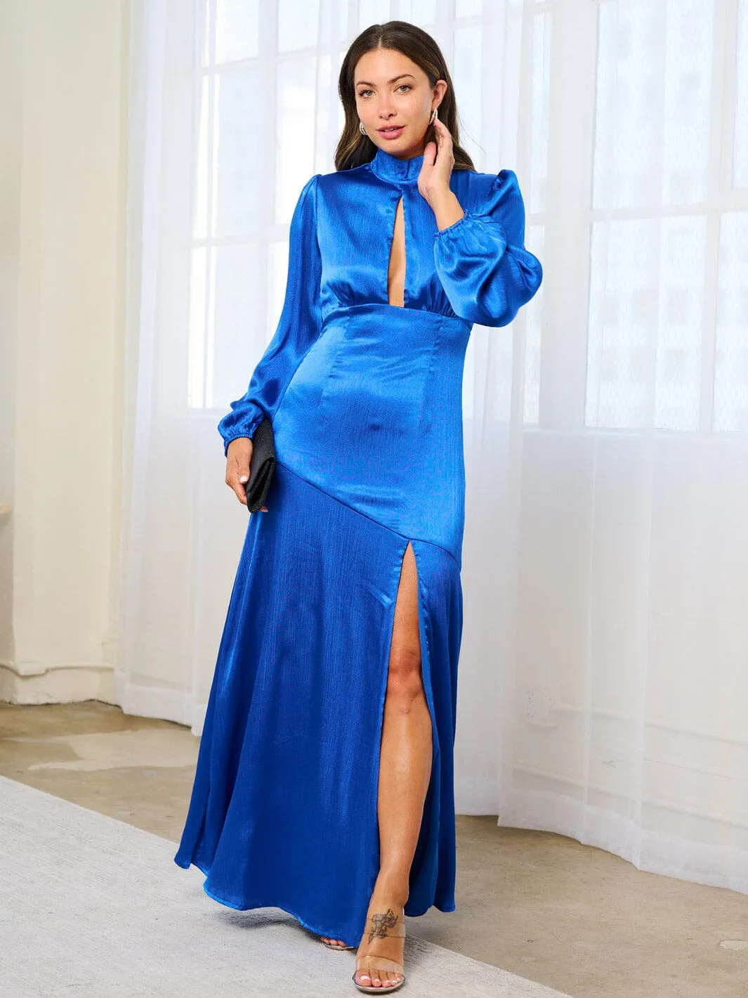 WOMEN'S LONG SLEEVE TURTLE NECK CUT OUT FRONT SLIT MAXI DRESS