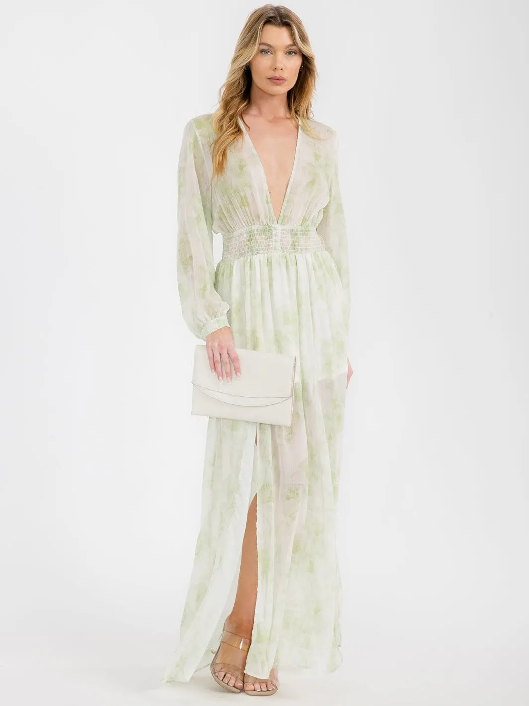 WOMEN'S LONG SLEEVE V-NECK FLORAL MAXI DRESS