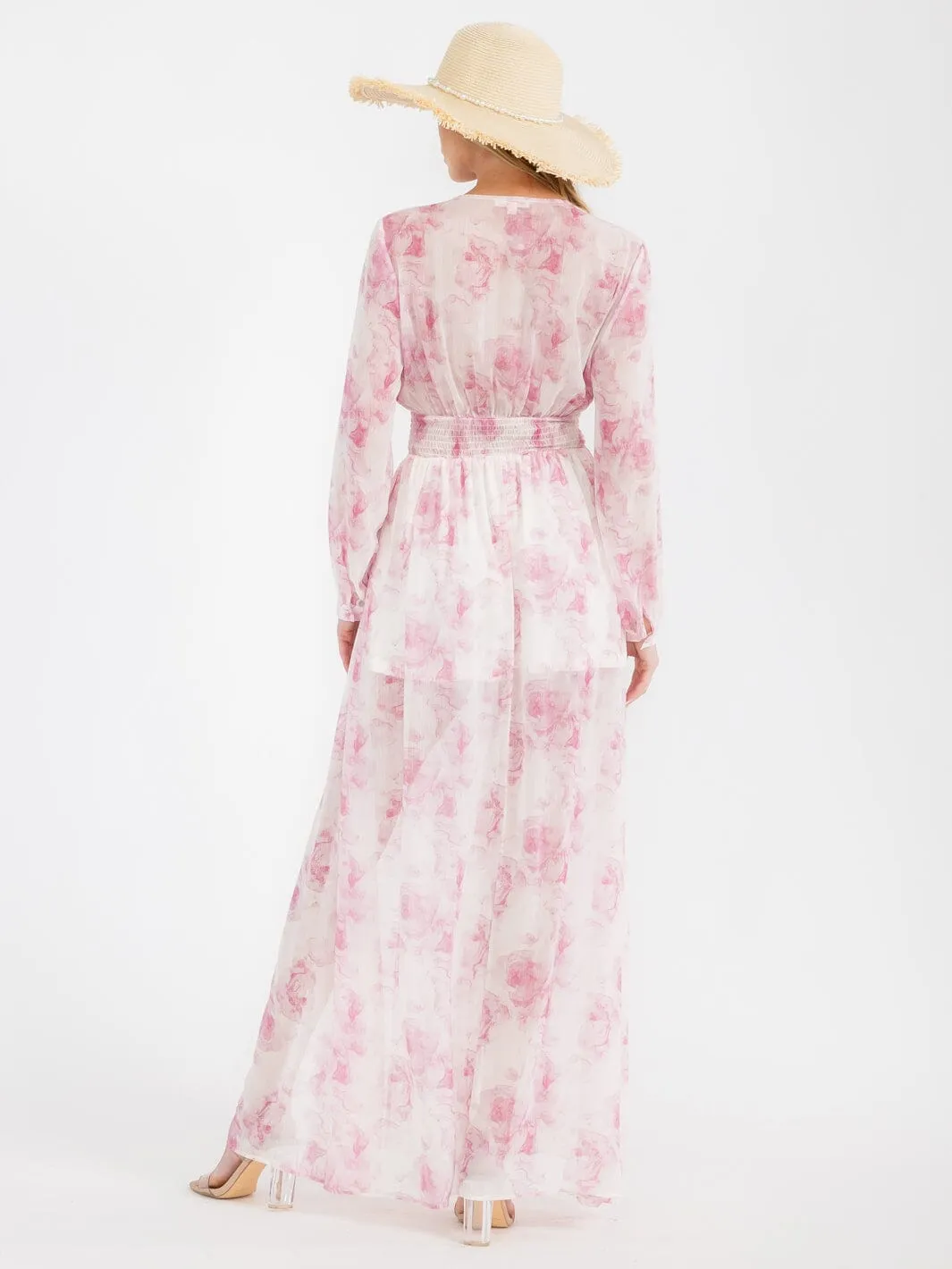 WOMEN'S LONG SLEEVE V-NECK FLORAL MAXI DRESS
