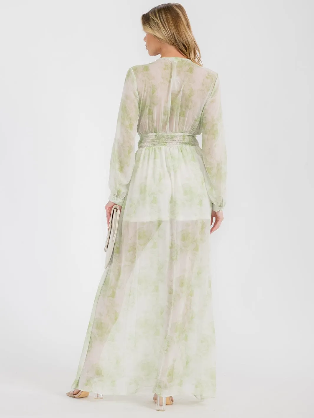 WOMEN'S LONG SLEEVE V-NECK FLORAL MAXI DRESS