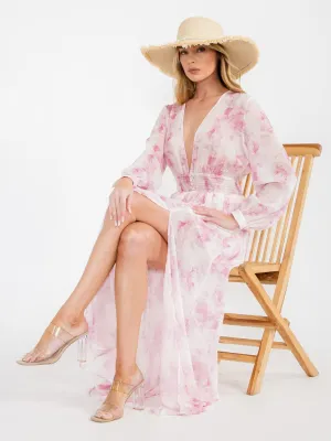 WOMEN'S LONG SLEEVE V-NECK FLORAL MAXI DRESS