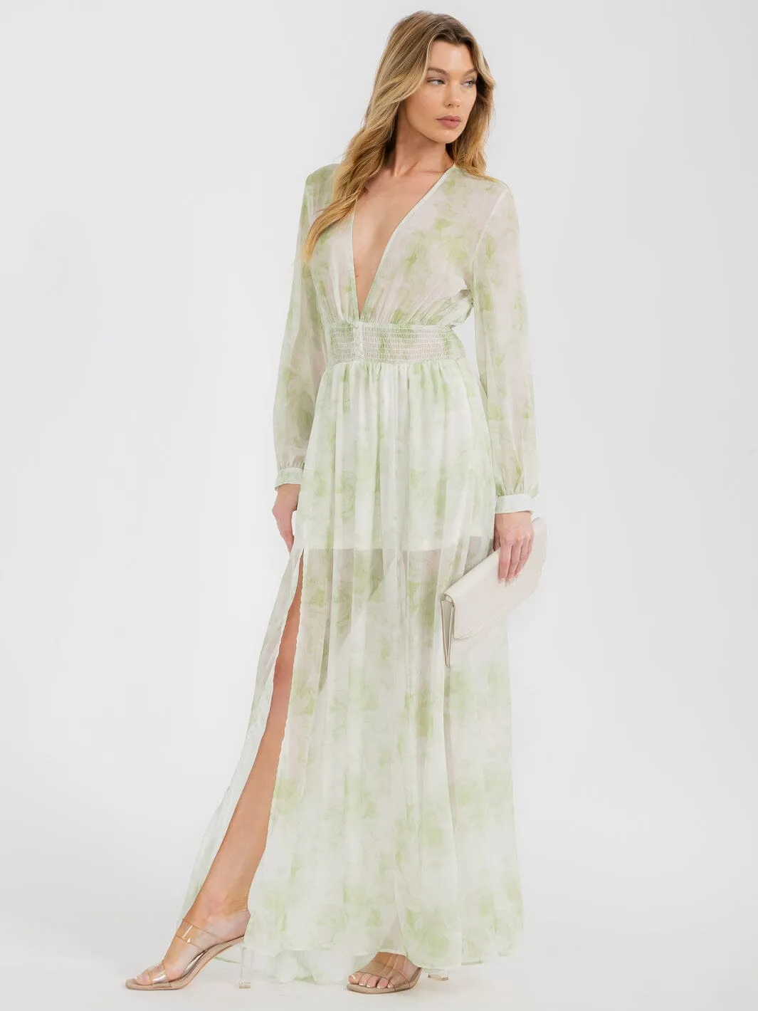 WOMEN'S LONG SLEEVE V-NECK FLORAL MAXI DRESS