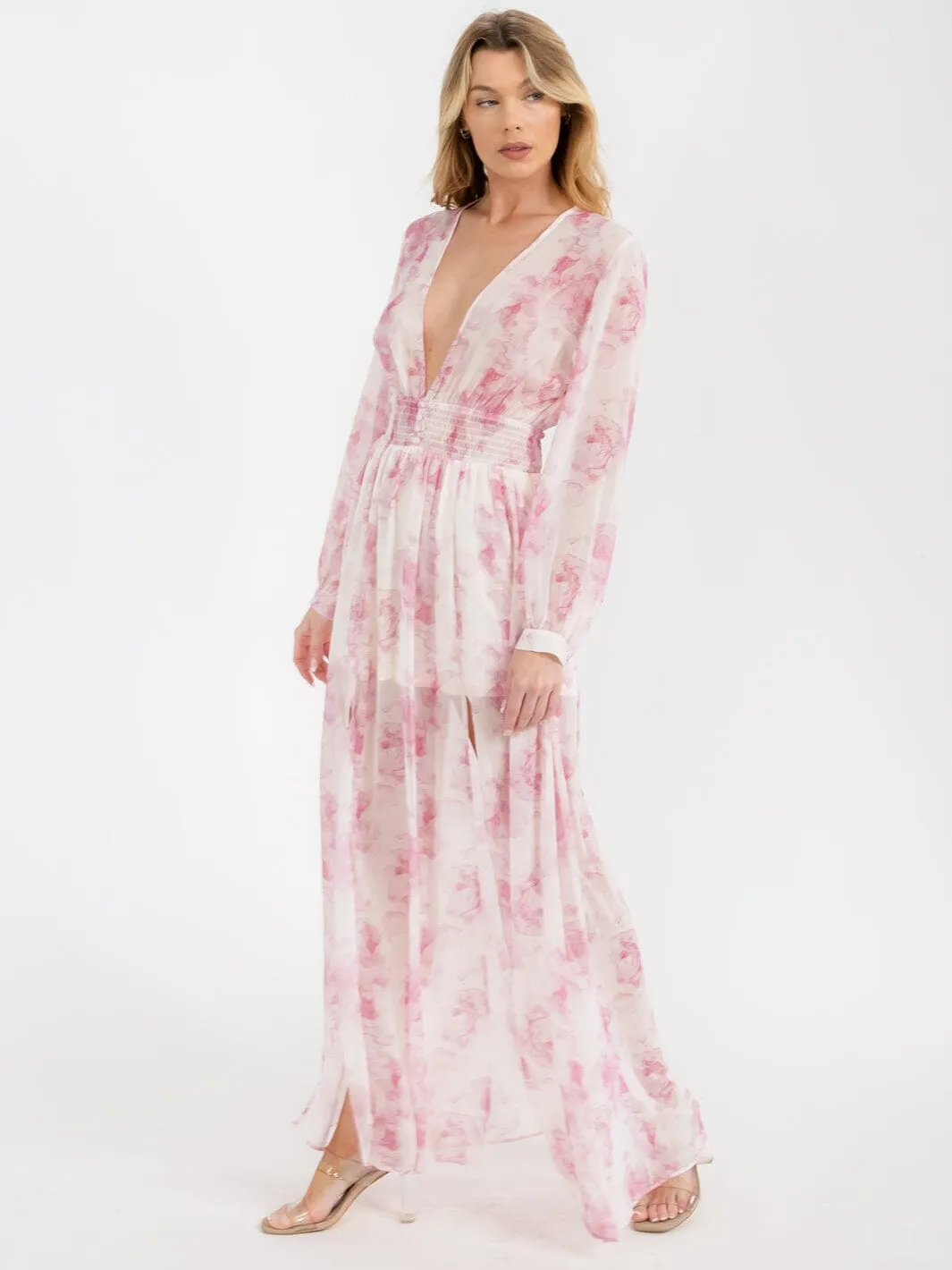 WOMEN'S LONG SLEEVE V-NECK FLORAL MAXI DRESS