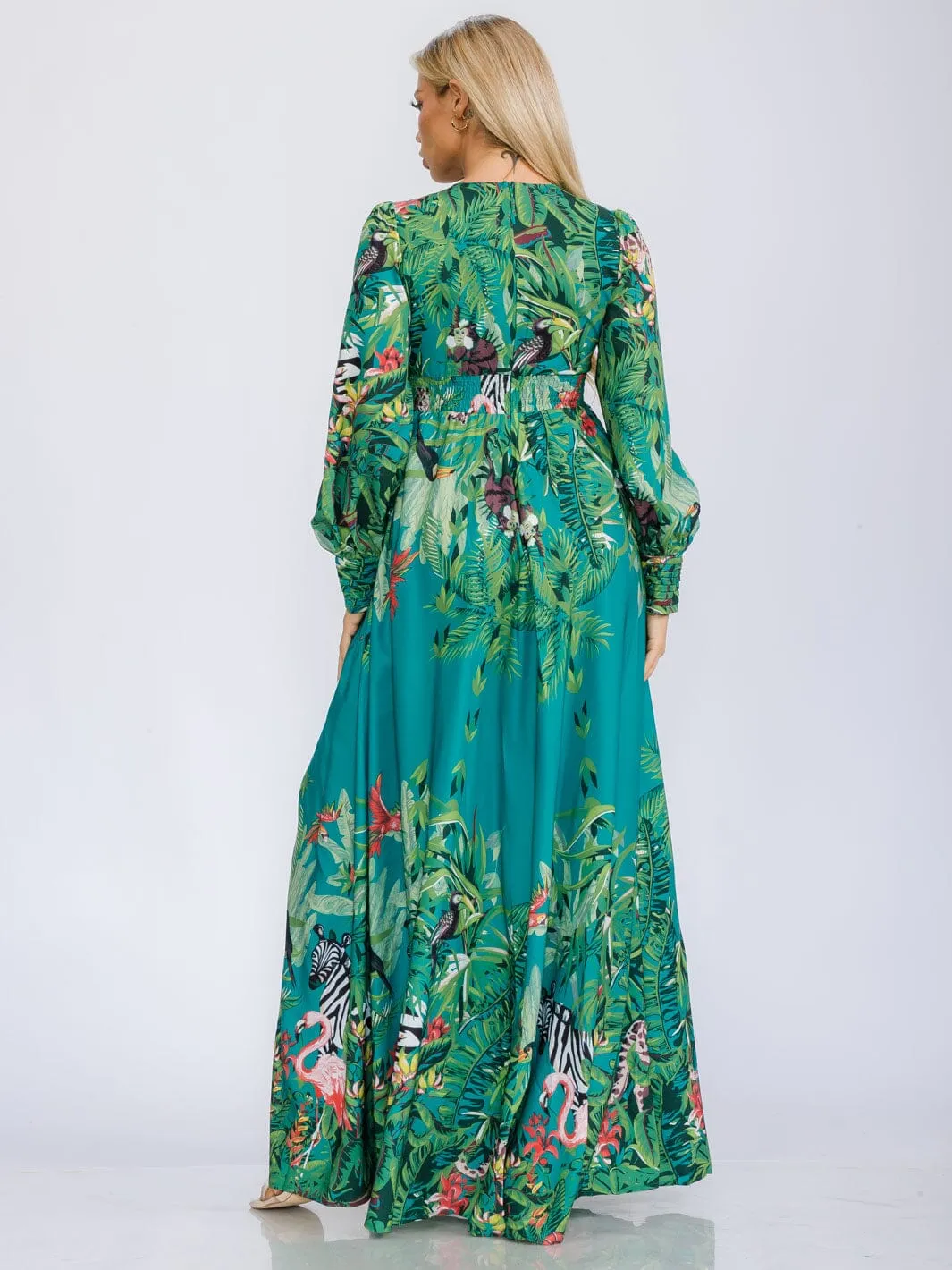 WOMEN'S LONG SLEEVE V-NECK FRONT SLIT FLORAL PRINT MAXI DRESS