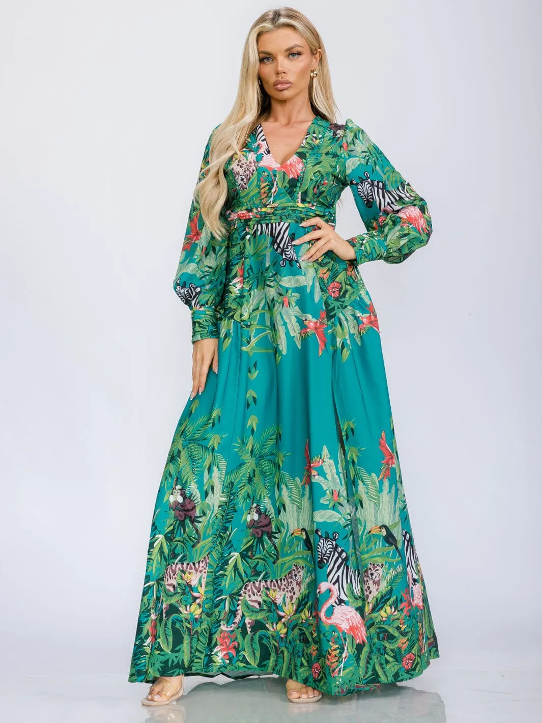 WOMEN'S LONG SLEEVE V-NECK FRONT SLIT FLORAL PRINT MAXI DRESS