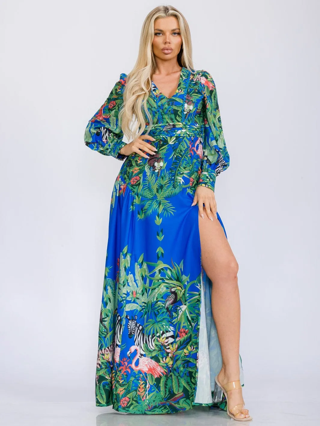 WOMEN'S LONG SLEEVE V-NECK FRONT SLIT FLORAL PRINT MAXI DRESS