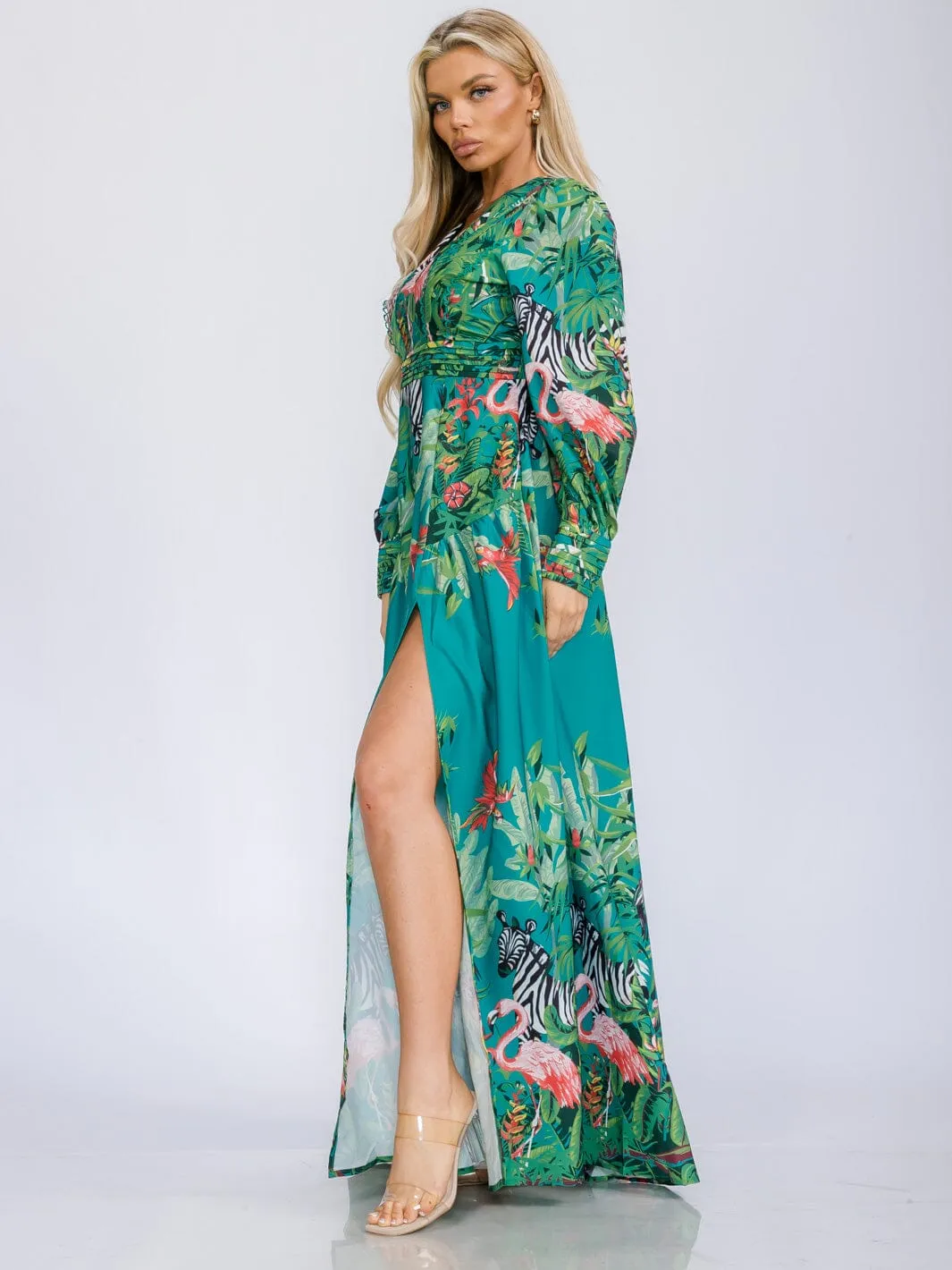 WOMEN'S LONG SLEEVE V-NECK FRONT SLIT FLORAL PRINT MAXI DRESS