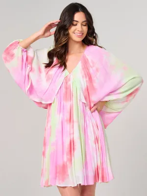 WOMEN'S LONG SLEEVE V-NECK TIE DYE TUNIC MINI DRESS
