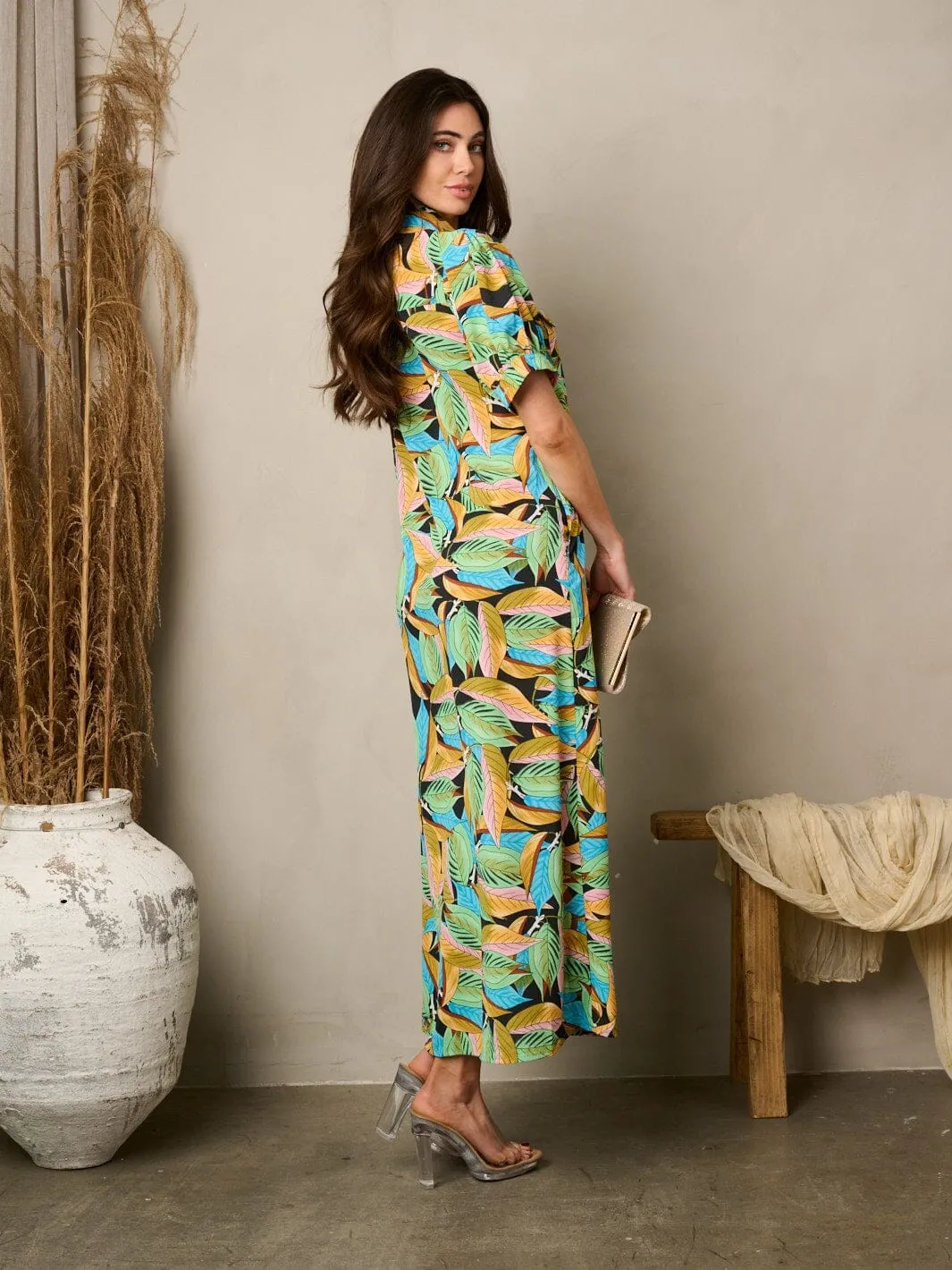 WOMEN'S SHORT PUFF SLEEVE BUTTON UP POCKETS FLORAL MAXI DRESS