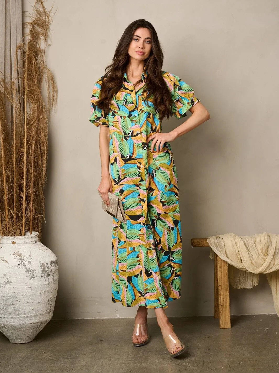 WOMEN'S SHORT PUFF SLEEVE BUTTON UP POCKETS FLORAL MAXI DRESS