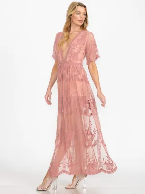 WOMEN'S SHORT SLEEVE V-NECK ALL OVER LACE MAXI DRESS