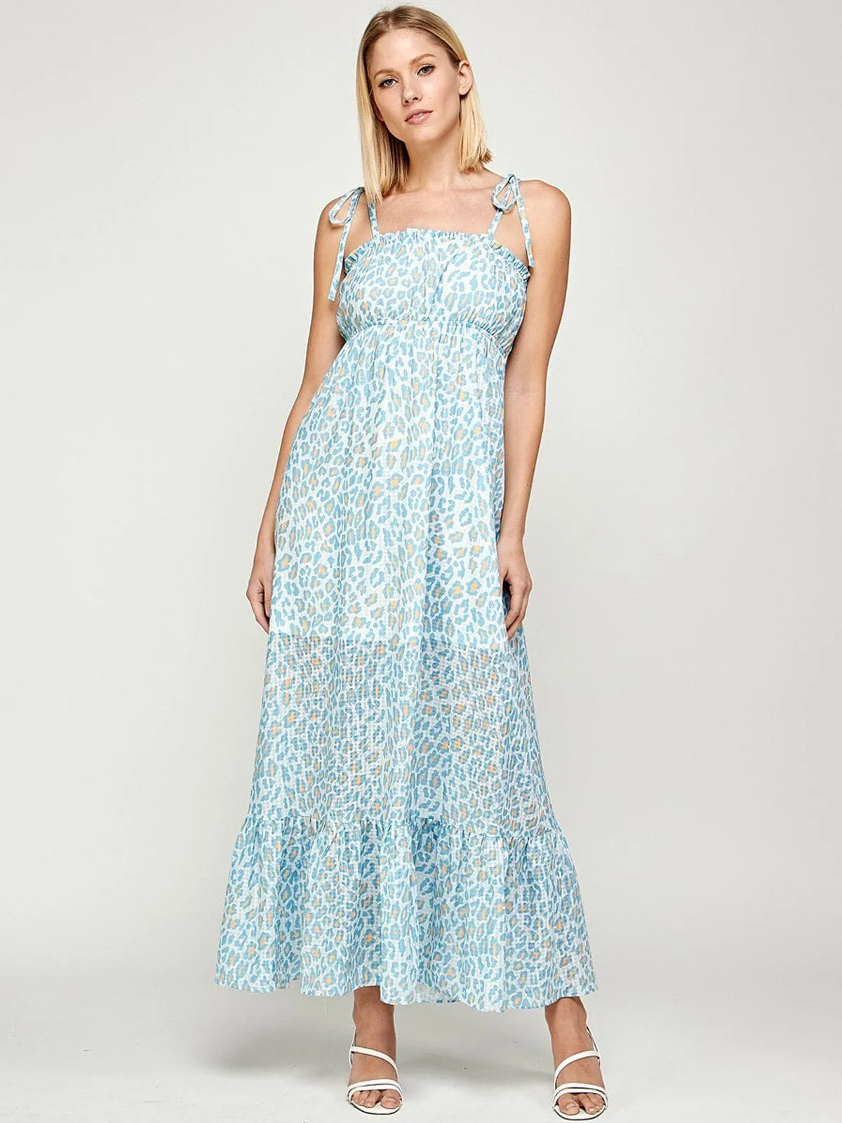 WOMEN'S SLEEVELESS ANIMAL PRINT TIERED MAXI DRESS