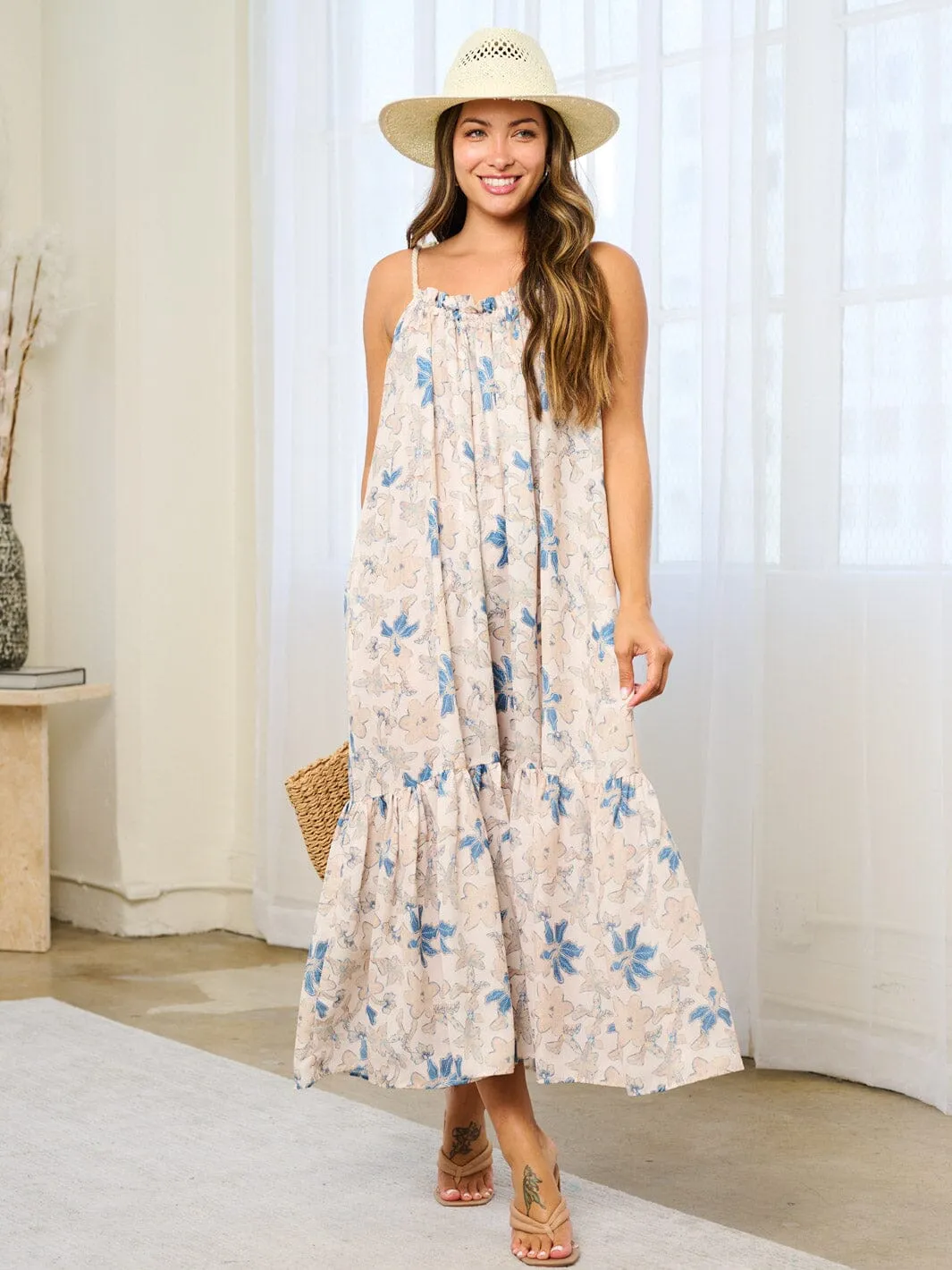 WOMEN'S SLEEVELESS OPEN BACK TIERED FLORAL MAXI DRESS