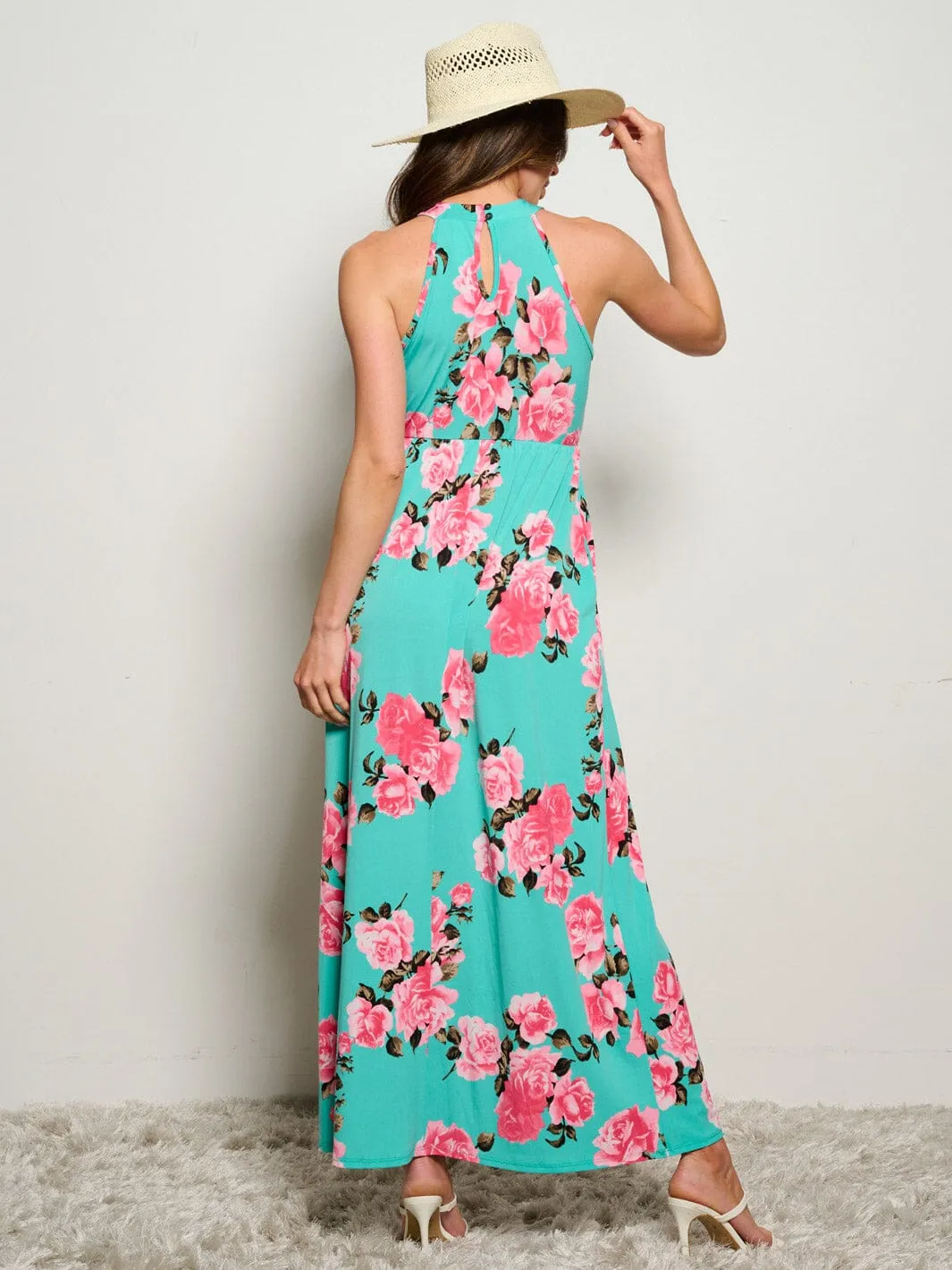 WOMEN'S SLEEVELESS POCKETS ELASTIC WAIST FLORAL MAXI DRESS