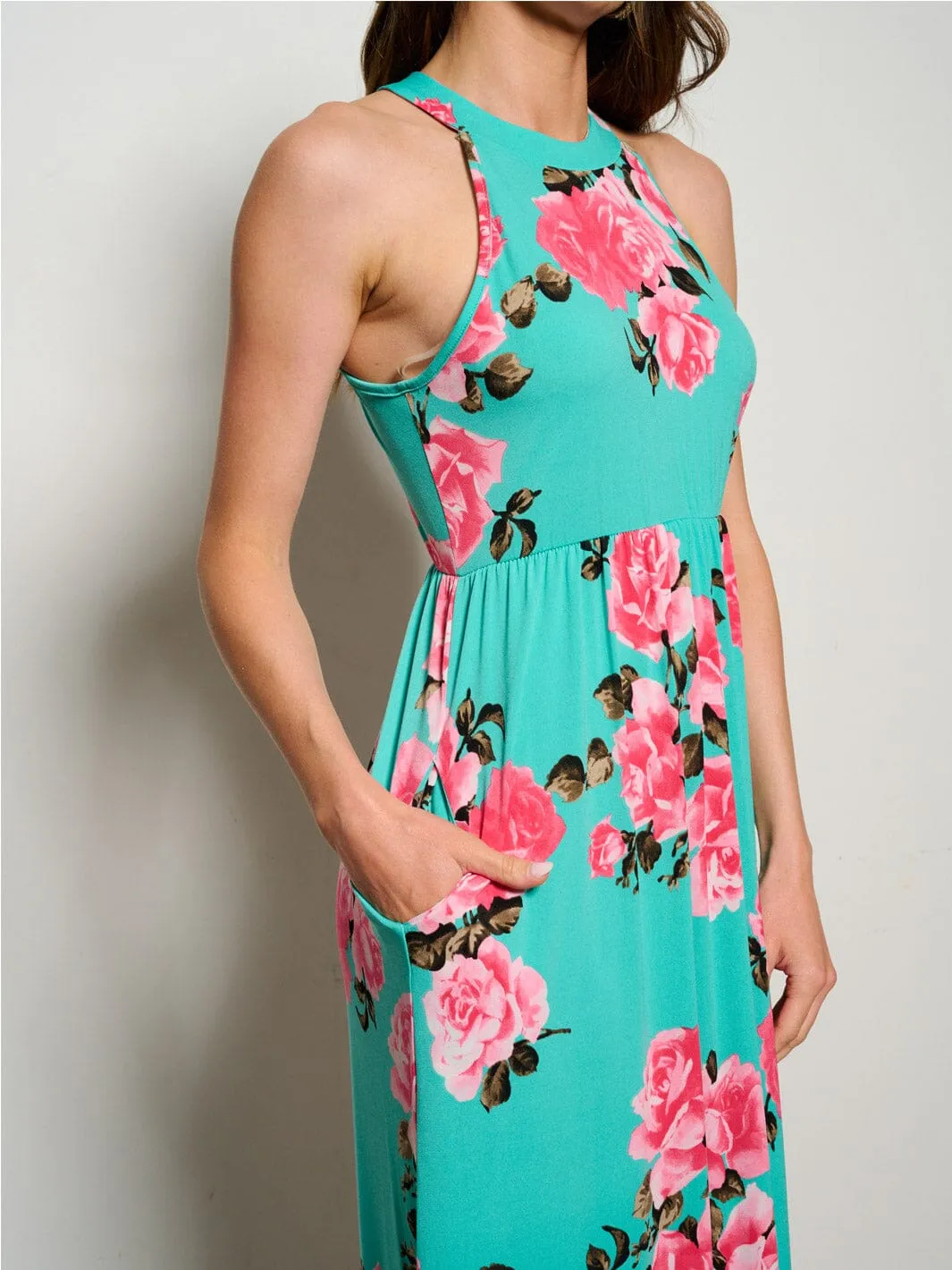 WOMEN'S SLEEVELESS POCKETS ELASTIC WAIST FLORAL MAXI DRESS