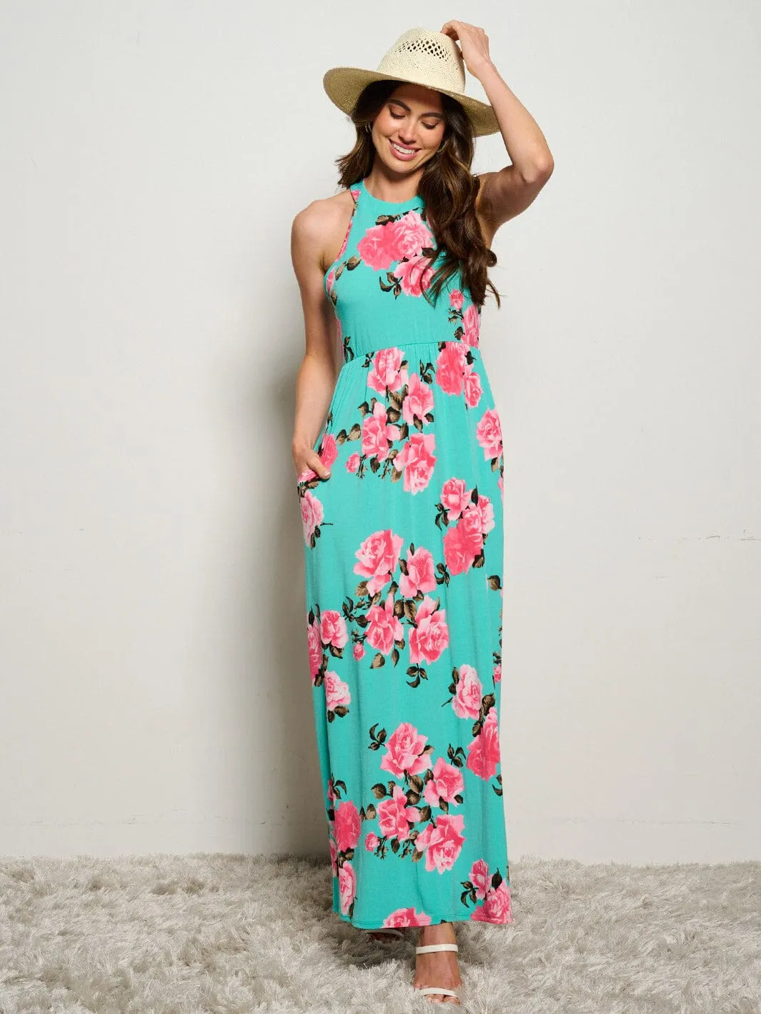 WOMEN'S SLEEVELESS POCKETS ELASTIC WAIST FLORAL MAXI DRESS