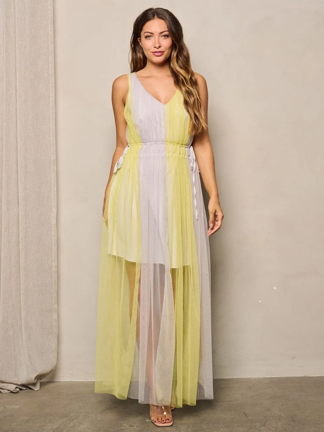 WOMEN'S SLEEVELESS V-NECK COLORBLOCK MESH MAXI DRESS