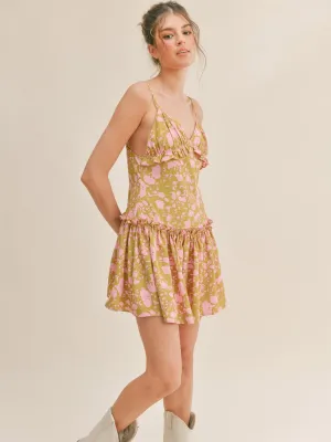 WOMEN'S SLEEVELESS V-NECK RUFFLE FLORAL MINI DRESS