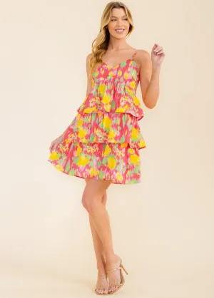 WOMEN'S SLEEVELESS V-NECK SMOCK TIERED MULTI PRINT MINI DRESS