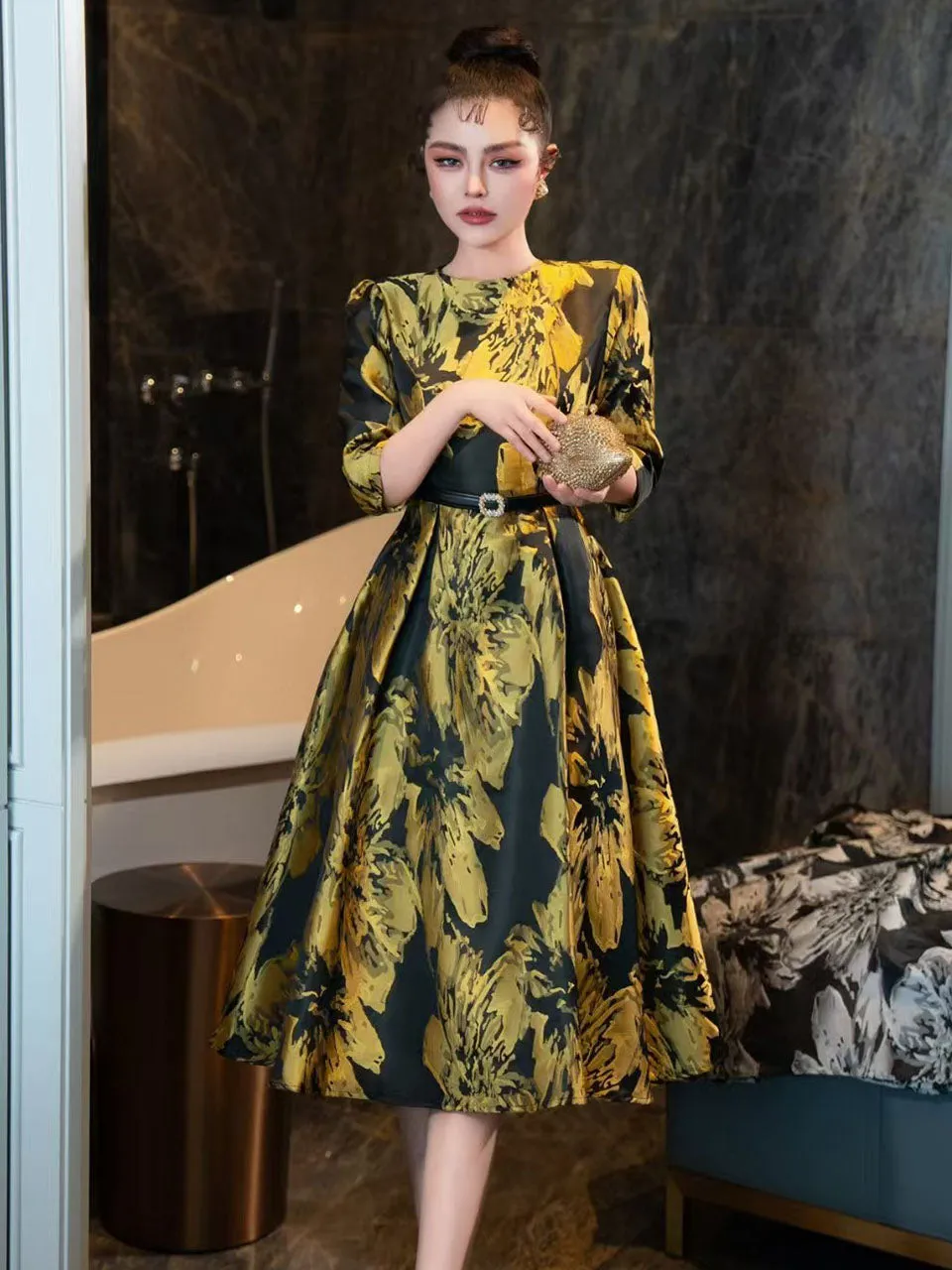 Yellow Luxury Print High Waist Swing Vintage Dress