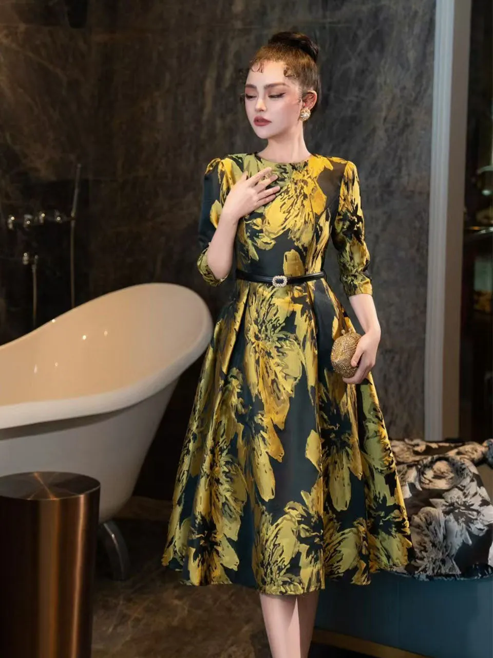 Yellow Luxury Print High Waist Swing Vintage Dress